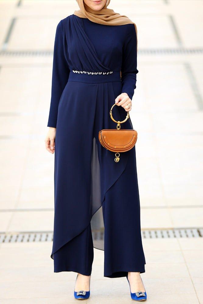 Side view of navy blue modest jumpsuit