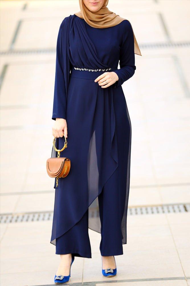 Waist embellishment of navy blue modest jumpsuit
