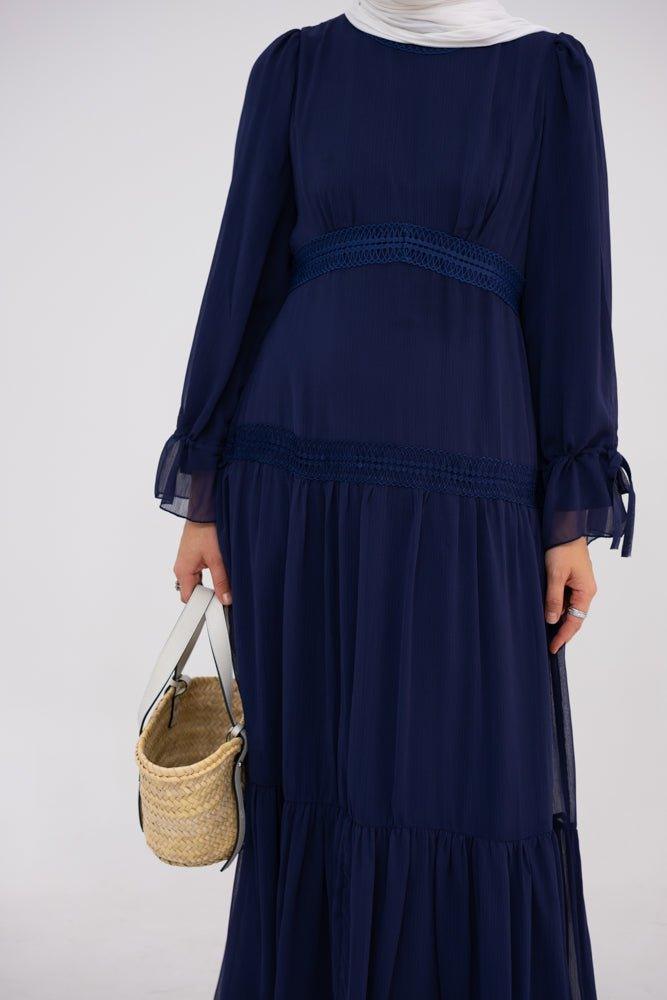 Navy Vivvie chiffon lined flared dress with long sleeve and lace detailing - ANNAH HARIRI