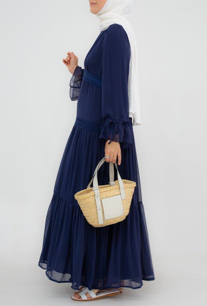 Navy Vivvie chiffon lined flared dress with long sleeve and lace detailing - ANNAH HARIRI