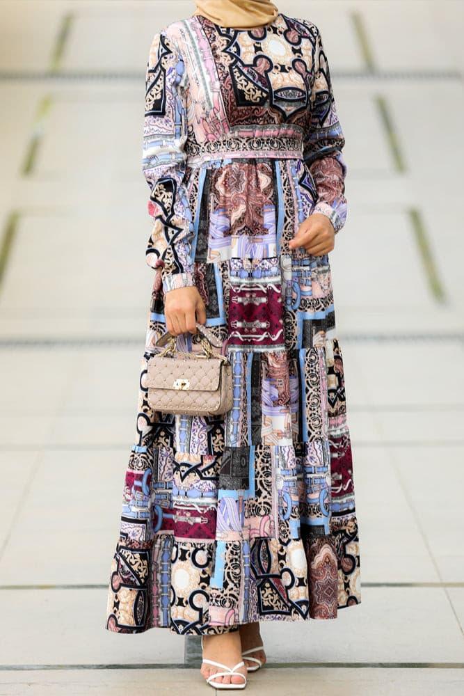 Back view of Elegant Patchwork Print Maxi Dress