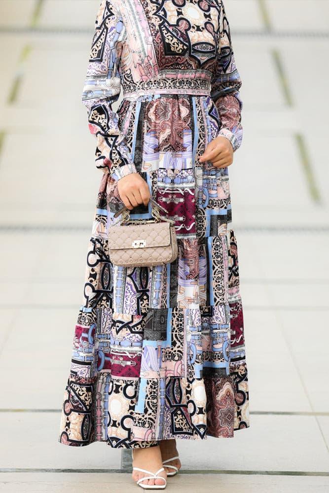 Walking view of Elegant Patchwork Print Maxi Dress