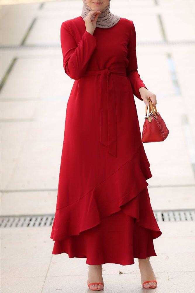 Back view of Radiant Red Frill Detail Dress with Belt