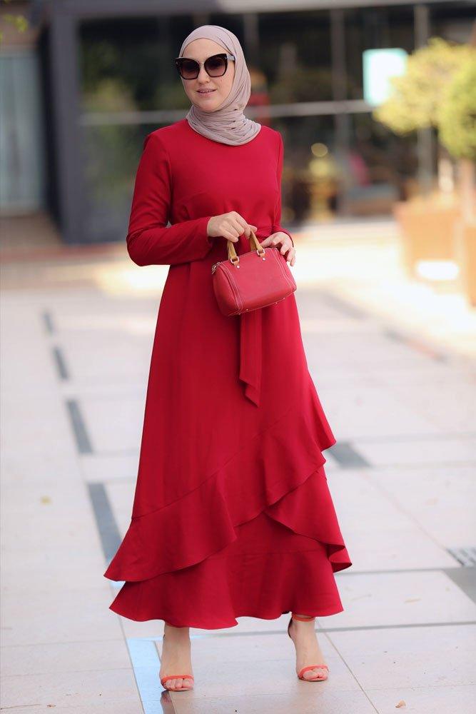 Front view of Radiant Red Frill Detail Dress with Belt