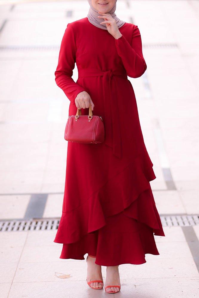 Side view of Radiant Red Frill Detail Dress showing frill details