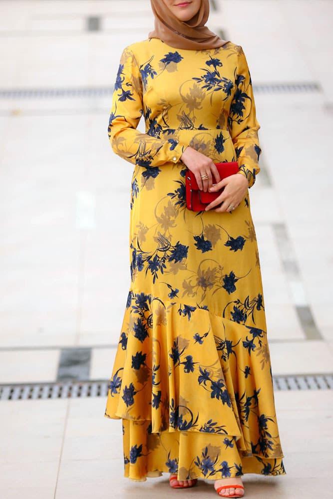 Back view of the Radiant Yellow Floral Satin Maxi Dress with a lined interior