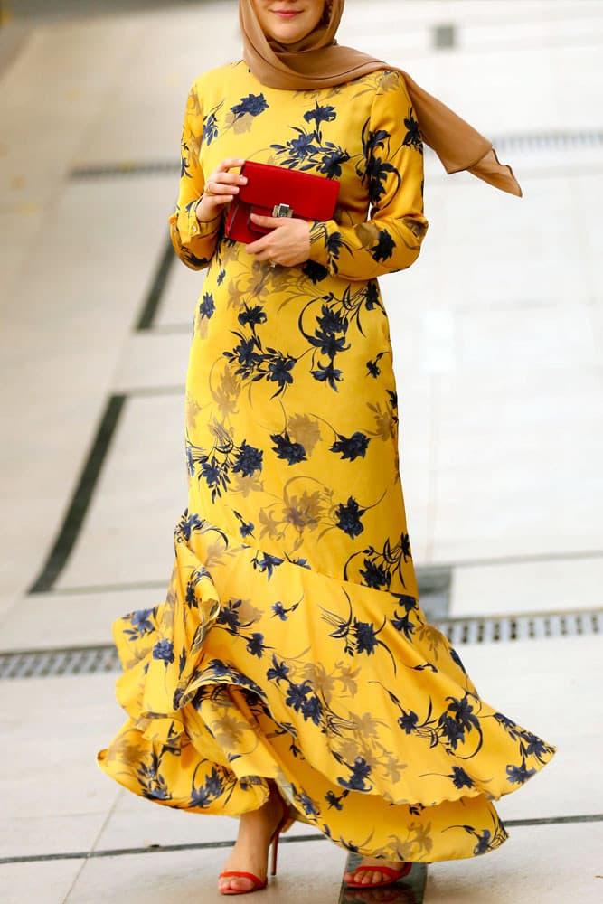 Front view of Radiant Yellow Floral Satin Maxi Dress