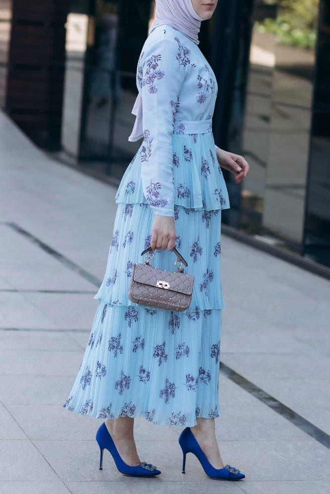 Roxieyy tier pleated maxi chiffon dress with long sleeve in blue - ANNAH HARIRI