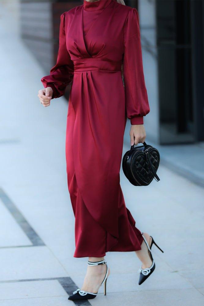 Ruby satin maxi dress long sleeve with wrap waist in red - ANNAH HARIRI