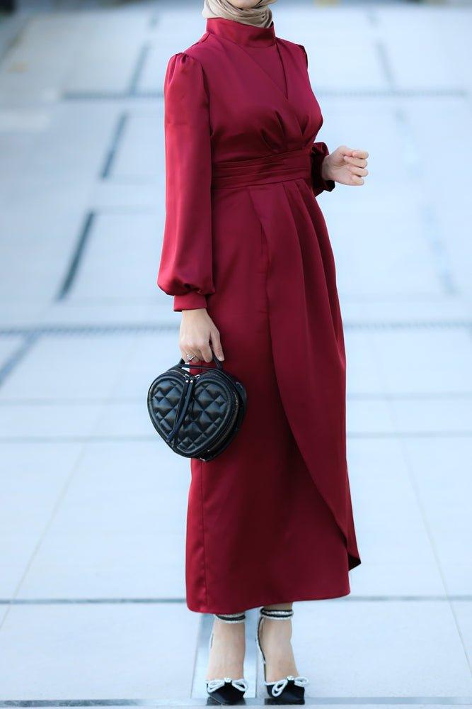 Ruby satin maxi dress long sleeve with wrap waist in red - ANNAH HARIRI