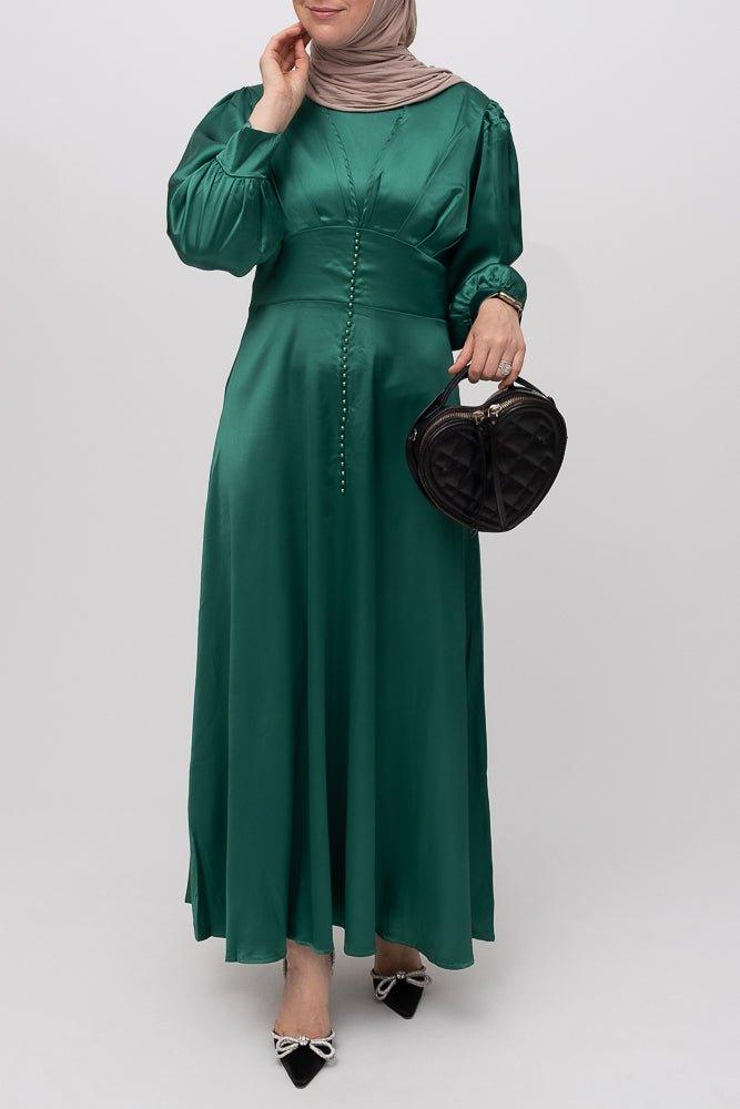 Ruxane emerald satin chic modest dress with empire waist and front buttons - ANNAH HARIRI