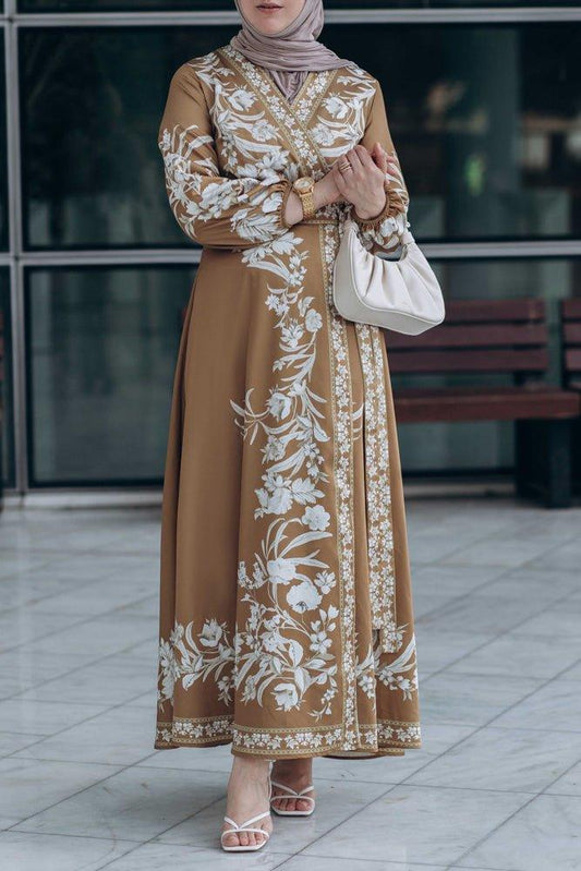 Front view of Sadia Maxi Wrap Dress in mustard brown floral print