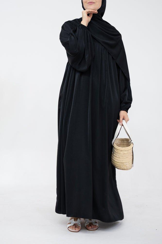Sophie modest loose dress with pockets and elasticated wrist band in black - ANNAH HARIRI