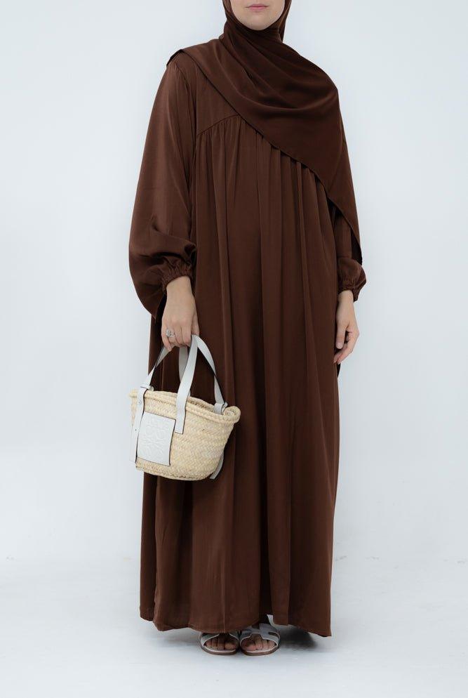 Sophie modest loose dress with pockets and elasticated wrist band in dark coffee - ANNAH HARIRI