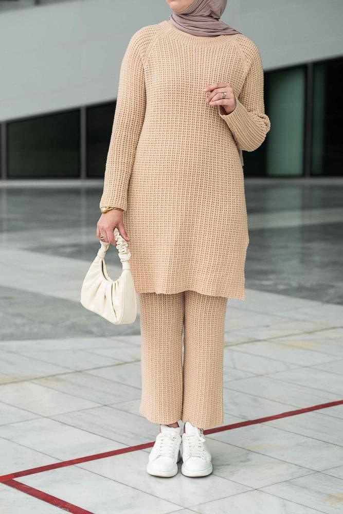 Taisia knitted midaxi cardigan with midi tunic and knitted elastic waist pants set in beige - ANNAH HARIRI
