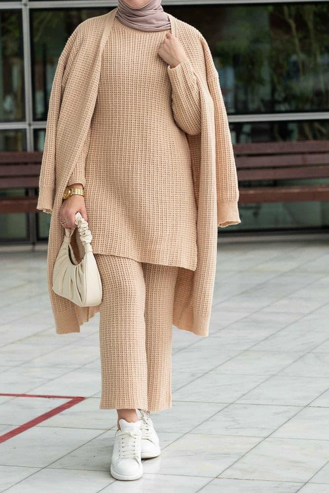 Taisia knitted midaxi cardigan with midi tunic and knitted elastic waist pants set in beige - ANNAH HARIRI
