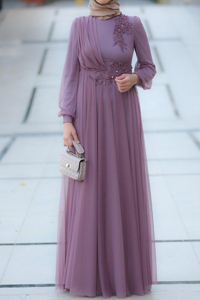 Velosty Tall embellished bodice long sleeve maxi dress in lavender tulle - ANNAH HARIRI