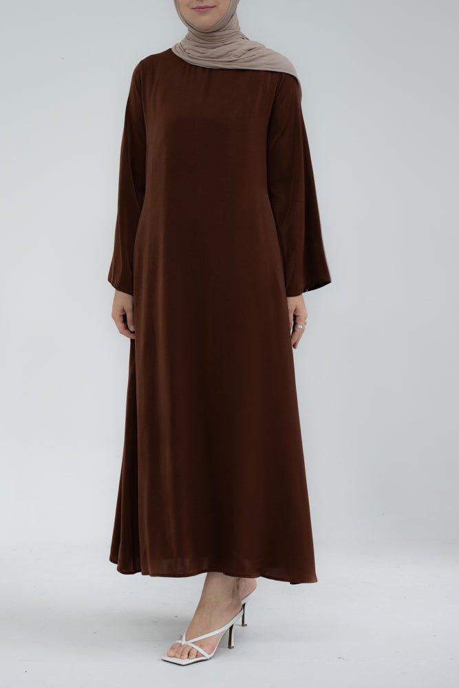 Yasmin Slip dress maxi length with a detachable belt and kimono sleeves in coffee - ANNAH HARIRI