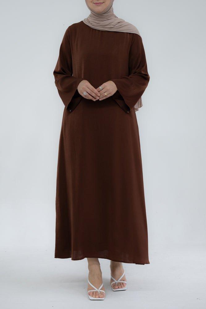 Yasmin Slip dress maxi length with a detachable belt and kimono sleeves in coffee - ANNAH HARIRI