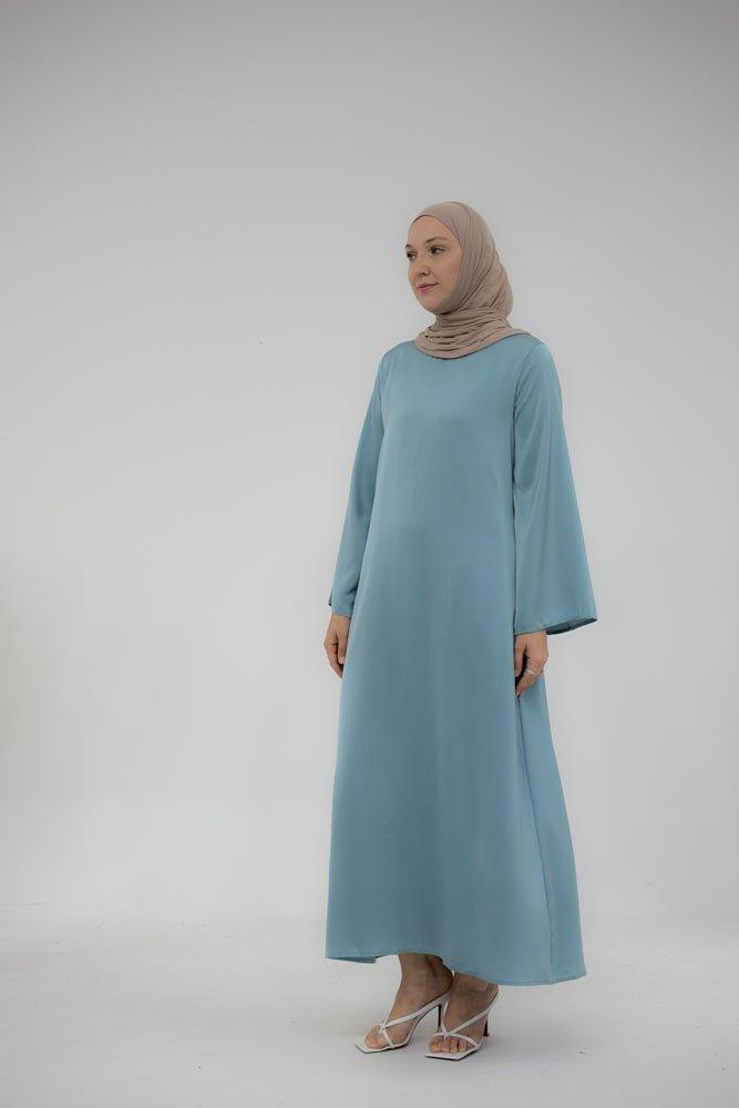 Yasmin Slip dress maxi length with a detachable belt and kimono sleeves in Lake Blue - ANNAH HARIRI