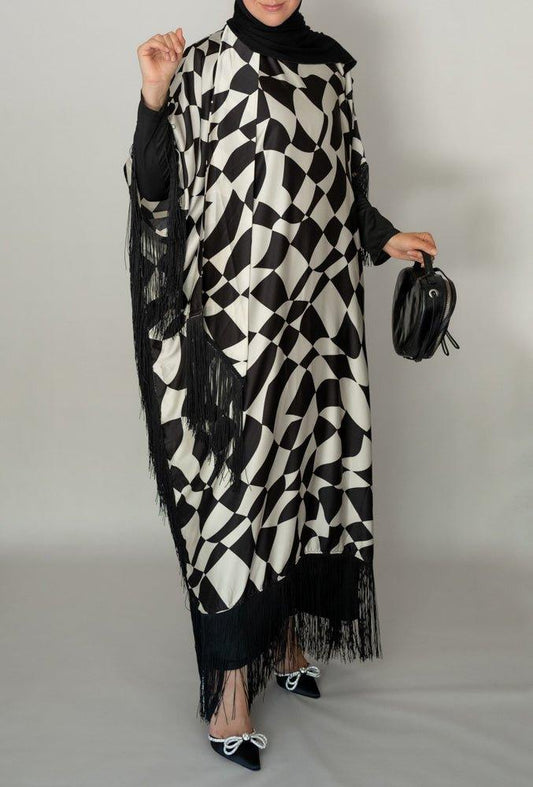 Yass fringe maxi dress with neck scarf detail in black white checkered monochrome print - ANNAH HARIRI